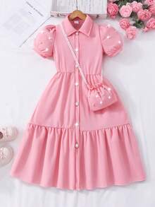 SHEIN Preteen Girls' Solid Color Collar Puff Sleeve Cardigan Summer Dress With Pouch Summer Holiday - Pink - View 4