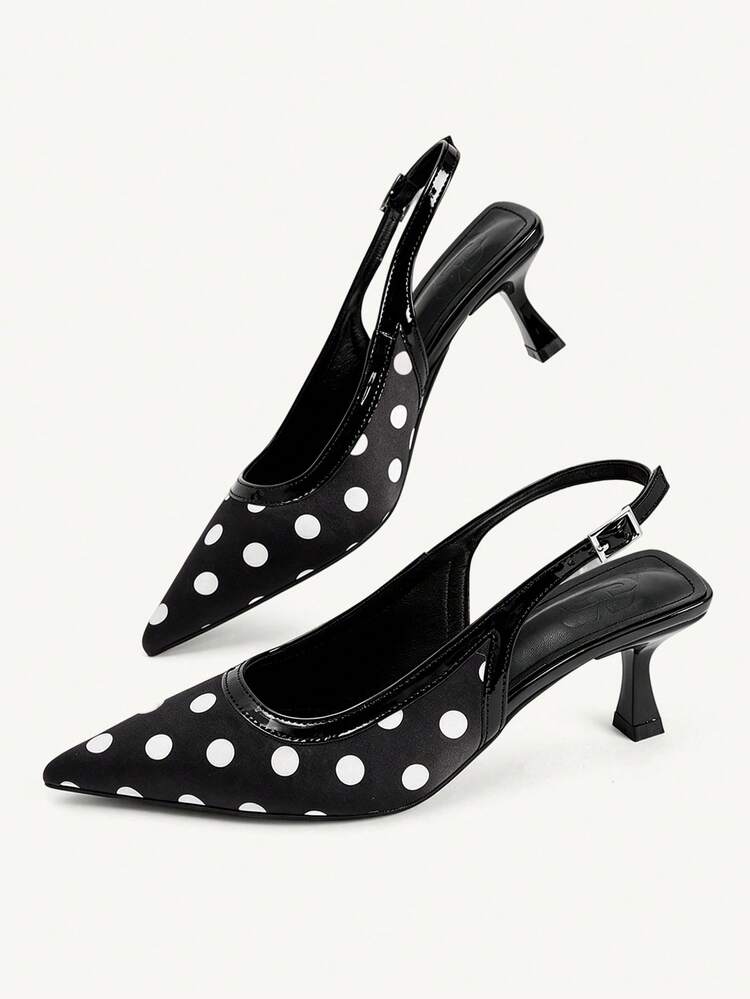 CUCCOO CHICEST Black Background Polka Dot Pointed Back Empty High Heel Shoes. It Comes With A Rich French Retro Hong Kong Style Temperament, Both Elegant Femininity And A Sense Of Light And Familiar Atmosphere. It Is The Finishing Touch Of Retro Style Wear. The Upper Is Made Of Satin Texture Fabric With Classic Black And White Polka Dot Pattern, Which Has Its Own High-Grade Luster, Retro And Durable; With Patent Leather Hemming Design, The Lines Are Neat And More Delicate; The Pointed Shoe Type Can Effectively