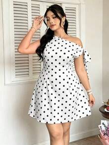 Elenzga Plus Size Women's Asymmetrical Shoulder Tie Waist Elegant Outing Dress - Black and White - View 3
