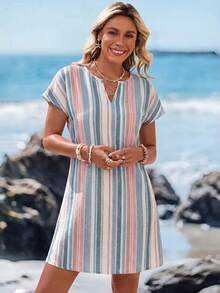 Sylviya Casual Minimalist Striped Women's V-Neck Short Dress Suitable For Spring And Summer - Multicolor - View 5