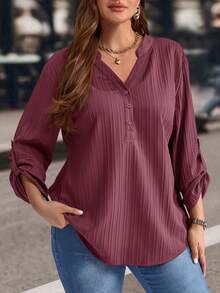 EMERY ROSE Blusa casual de talla grande con cuello con muesca y mangas remangadas, ropa de invierno - Rojo violeta - Ver 8