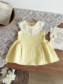 SHEIN Vestido de princesa doce para bebé menina com gola Peter Pan, acabamento em renda, rosa, de verão, sem mangas - Amarelo - Ver 3