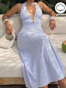 Sunnyshic Abito a-line in cotone a righe blu e bianche con scollo a v, schienale scoperto e laccio, elegante per l'estate, la spiaggia, le vacanze, gli spostamenti, lo shopping, gli appuntamenti e l'uso quotidiano - Blu e Bianco - Visualizzare 3