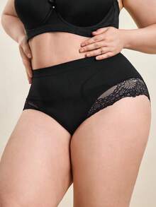 Hourtrue 1pc Plus Size High Waist Seamless Lace Pattern Shaping Briefs For Women - Black - View 8