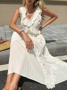 Livesso Vestido largo sin mangas con ribete de volantes para mujer vacaciones - Blanco - Ver 6