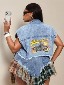Slaydiva Women's Plus Size All-Season Outdoor Fashion Versatile Flame Motorcycle Graphic Distressed Blue Denim Jacket - Light Wash - View 3