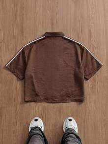 SWAVVY Men's Lapel Collar Contrast Color Patchwork Fashion Short Sleeve Shirt - Brown - View 6