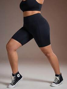 Powerista Women's Plus Size Solid Color High Waist Slim Fit Sports Shorts - Black - View 5