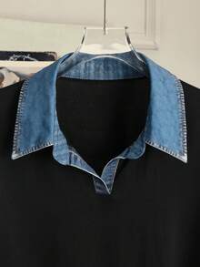 GlowEve Women's Contrast Faux Denim Collar Casual T-Shirt, Loose Fit Short Sleeve Top With Faux Denim Trim, Black Faux Denim Patchwork Polo Tee, Comfortable Daily & Streetwear, New Summer Casual Wear, Relaxed Fit Color Block V-Neck Blouse, Faux Denim Collar Top For Everyday Wear - Multicolor - View 4