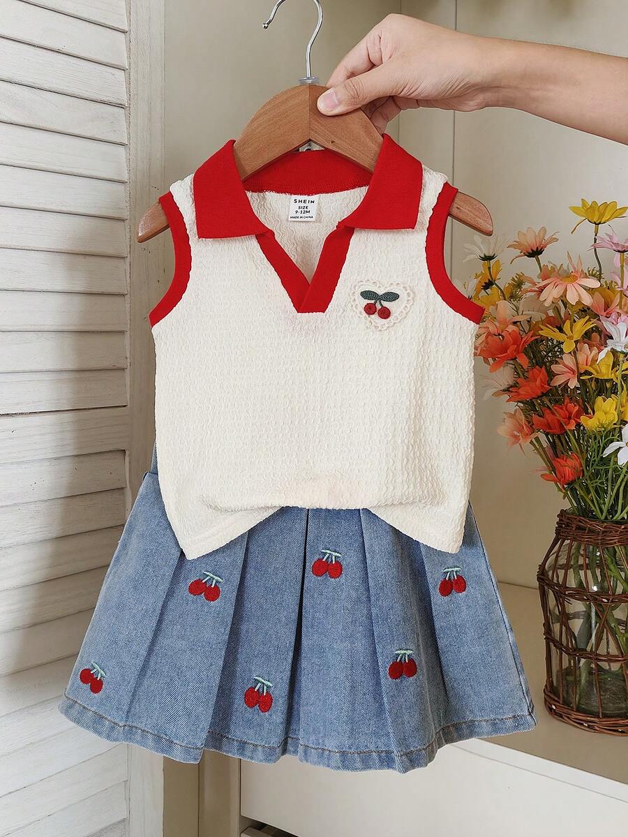 Vintaside Kids 女嬰女童夏季領口無袖時尚休閒百搭背心搭配甜美時尚櫻桃刺繡牛仔裙套裝,適合夏季出遊、度假、朋友聚會、學校活動等 - 紅色 - 查看 1