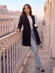 SHEIN Lady Lapel Neck Double Breasted Overcoat In Fall/Winter - Black - View 4