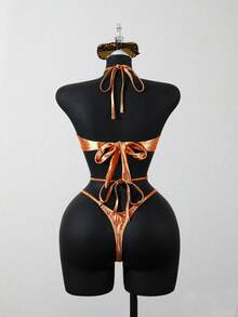 SHEIN Swim Swim SXY 一件式春夏季度假金箔紋理面料不對稱珠飾飾邊性感女款泳衣 - 橘色 - 查看 5