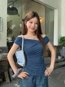 DAZY Ladies Solid Color Pleated Slim Fit Short Sleeve T-Shirt For Spring/Summer - Teal Blue - View 10