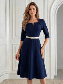 Medorina Women's Elegant Commuter Office Solid Color Waist-Defining Dress, Going Out, Work Outfit, Navy Blue Fall Teachers' Day Teachers' Day - Navy Blue - View 7