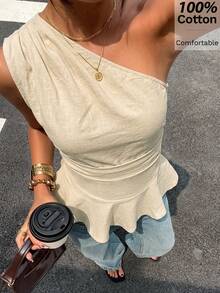 Siren Gaze One-Shoulder Ruffled Waist-Cinching Top, 100% Pure Cotton, Summer Style, Sleeveless, Slimming, High-Waisted, Ruffled Cropped Top Elegant - Apricot - View 6
