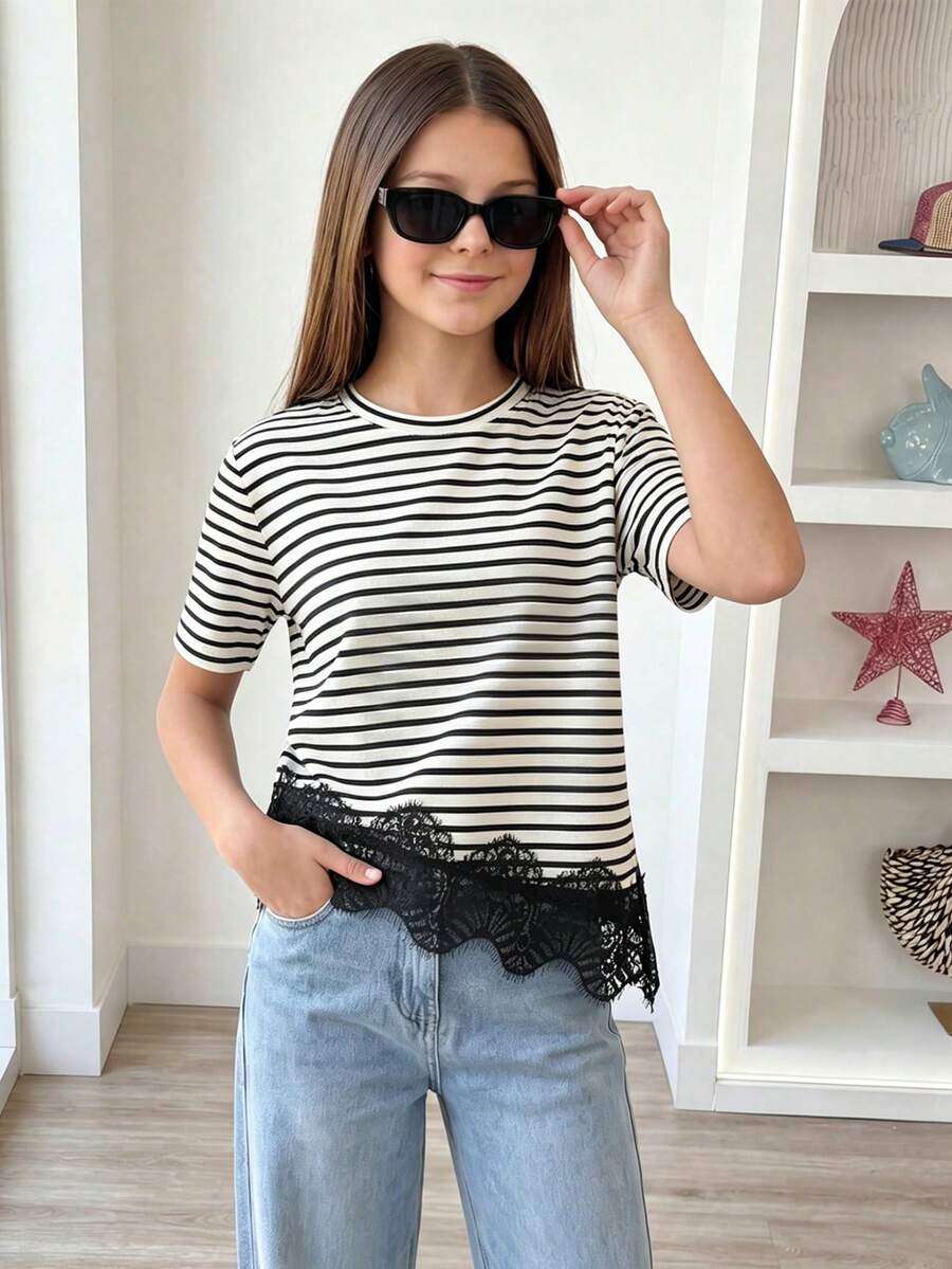 Áo thun kẻ sọc đen trắng cho nữ thiếu niên, áo ngắn tay gấu ren không đối xứng mùa hè, phong cách ngọt ngào cá tính dáng rộng thường ngày cho bé gái tuổi teen - trắng - Xem 1