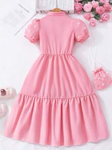 SHEIN Preteen Girls' Solid Color Collar Puff Sleeve Cardigan Summer Dress With Pouch Summer Holiday - Pink - View 2