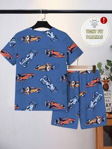 Piyama Anak Laki-Laki Remaja, Model Terbaru Musim Semi/Panas Terlaris, Motif Mobil, Rajut, Leher Bulat, Lengan Pendek, Pas Badan, Kain Elastis Tinggi, Set 2 Potong - Royal Blue - View 3