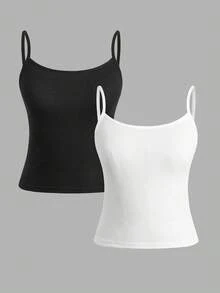 SHEIN Kids Teen Girl Simple Comfortable Skin-Friendly Tight Camisole Underwear 2pcs Set - Black and White - View 1