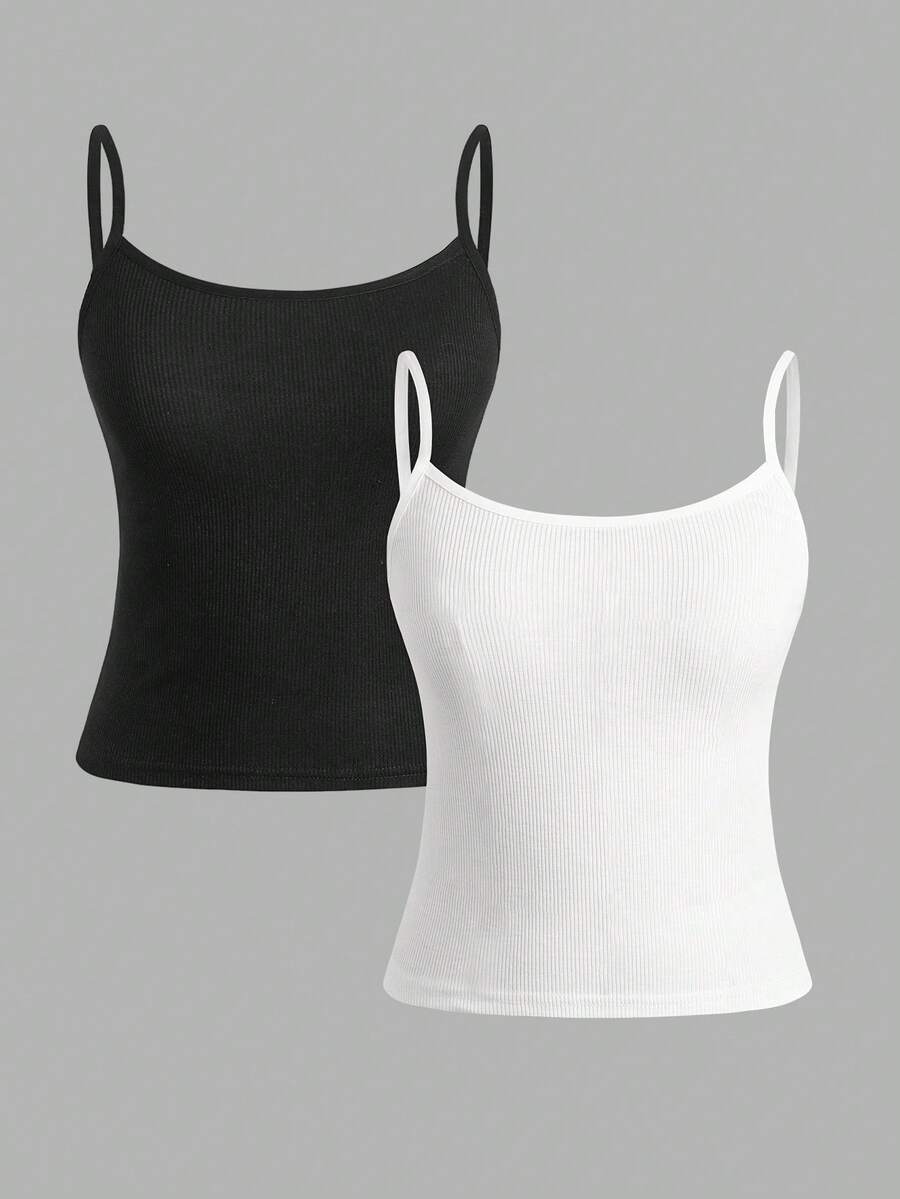 SHEIN Kids Teen Girl Simple Comfortable Skin-Friendly Tight Camisole Underwear 2pcs Set - Black and White - View 1