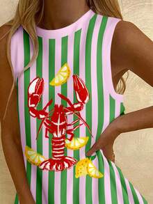 SHEIN EZwear Casual Minimalist Vacation Style Fun Lobster Striped Placement Print Pattern Pink Background Contrast Green Striped Women's Dress Suitable For Spring/Summer Vacation Fun Quirky Cute Style Beach - White - View 4
