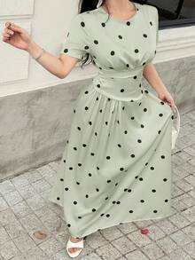 Feyla Women's Colorblock Polka Dot Print Short Sleeve Long Dress - Green - View 10