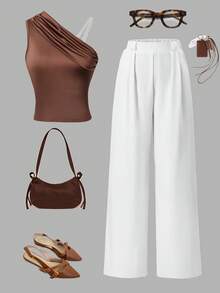2pcs/Set Teen Girls Summer Casual Commuter Outfit, High Elasticity Solid Color Knit Pleated Asymmetric Shoulder Sleeveless Top With... - Mocha Brown - View 4