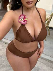 Swim SXY 大尺碼女款三件式泳衣套裝，花卉飾邊純色性感泳裝 - 棕色 - 查看 7