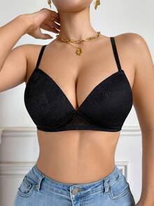 DesireSculpt Sujetador elegante de unicolor con aplicaciones de encaje - Negro - Ver 1