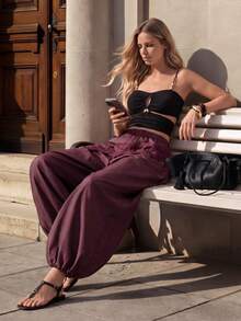 Ciel Poise Pants Loose Lantern Satin Textured Elastic High Waist Lace Cuffed Elegant Exotic Casual Burgundy Lace Patchwork Pleated Solid Women's Pants Vacation - Burgundy - View 3