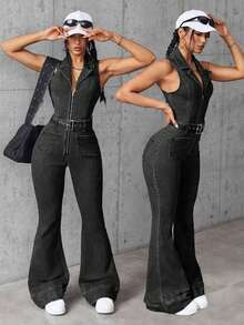 SHEIN EZwear 女款夏季休閒無袖牛仔連身褲 - 黑色 - 查看 1