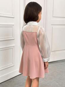 Young Girl Casual Minimalist Comfortable Collared Hollow-Out Color Block Patchwork Dress - Pink - View 2
