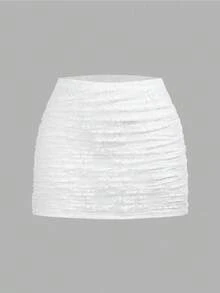 SHEIN Girlism 少女/青少年白色蕾丝针织弹力褶皱修身迷你裙，休闲优雅褶皱腰身裙，适合音乐会等场合 - 白色 - 查看 3