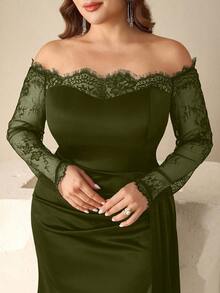 Coutiva Vestido de Noche Formal Talla Grande con Hombros Descubiertos (Diseño Intrincado) - Verde militar - Ver 4
