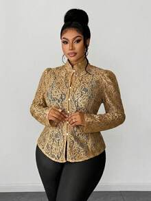 Maweii Plus Size Hollow Lace Stand Collar Button Long Sleeve Blouse - Mustard Yellow - View 4