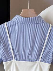 GlowEve Camisa de moda 2 en 1 para mujer con bloques de color, rayas, manga corta, volantes y botones delanteros, adecuada para primavera/verano, vacaciones, casual, ir al trabajo, uso diario versátil - Blanco - Ver 4