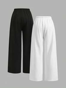 SHEIN Tween Girl Tween Girls Pants Buy 1 Get 1 Free - Black and White - View 2