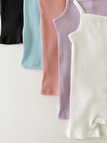 5pcs/Set Baby Girl Casual Solid Color Knit Camisole Romper - Baby Blue - View 5