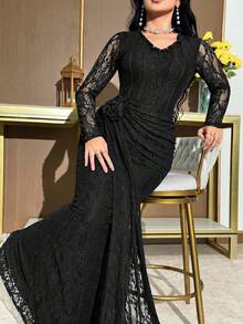 Modelyn Vestido de encaje de unicolor elegante talla grande - Negro - Ver 8