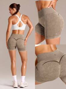 GLOWMODE 4.3" Ultrafine Soft Seamless Momentum Boost High-Rise Washed Finish Scrunch Bum Curved Seam Shorts Training Running Workout Gym Fitness - Khaki - View 8