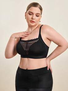 Hourtrue Plus Size Women Lace Patchwork Wireless Bra, Comfortable Lingerie - Black - View 8