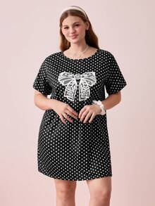 Bonmuse Plus Size Women's Polka Dot Bow Tie Short Sleeve Short Dress, Loose Comfortable Casual Sleepwear, Suitable For Summer - Black - View 2