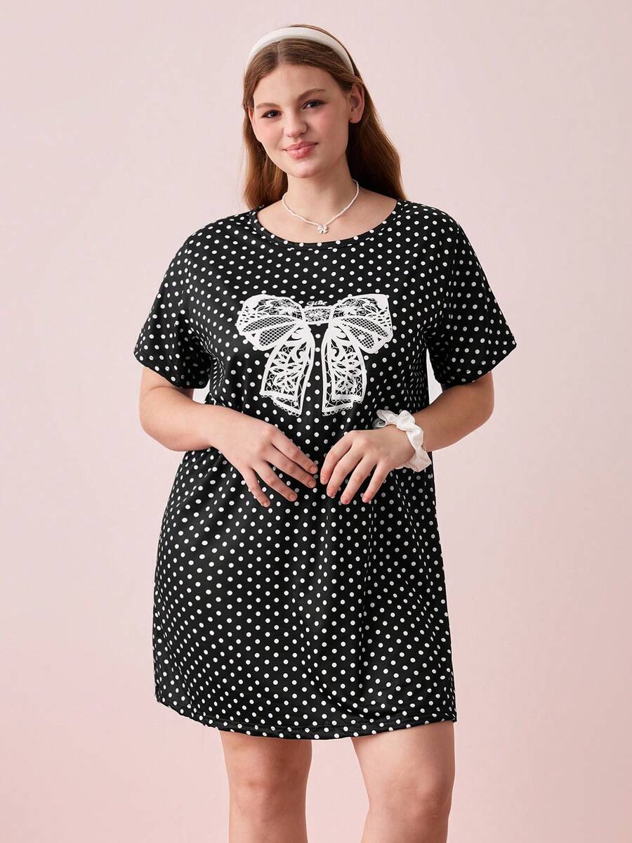 Bonmuse Plus Size Women's Polka Dot Bow Tie Short Sleeve Short Dress, Loose Comfortable Casual Sleepwear, Suitable For Summer