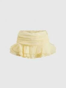 Sweetness Sweet Girl's Ruffled Multi-Layer Pearl Sheen Light Yellow Low-Waist Mini Skirt - Light Yellow - View 2