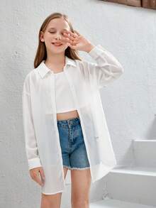 SHEIN Tween Girl Drop Shoulder Button Front Drop Shoulder Shirt - White - View 3