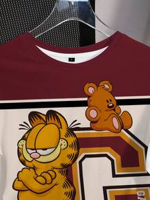 GARFIELD | SHEIN 大尺碼夏季休閒對比色貓咪與字母印花圓領短袖T恤 - 白色 - 查看 4