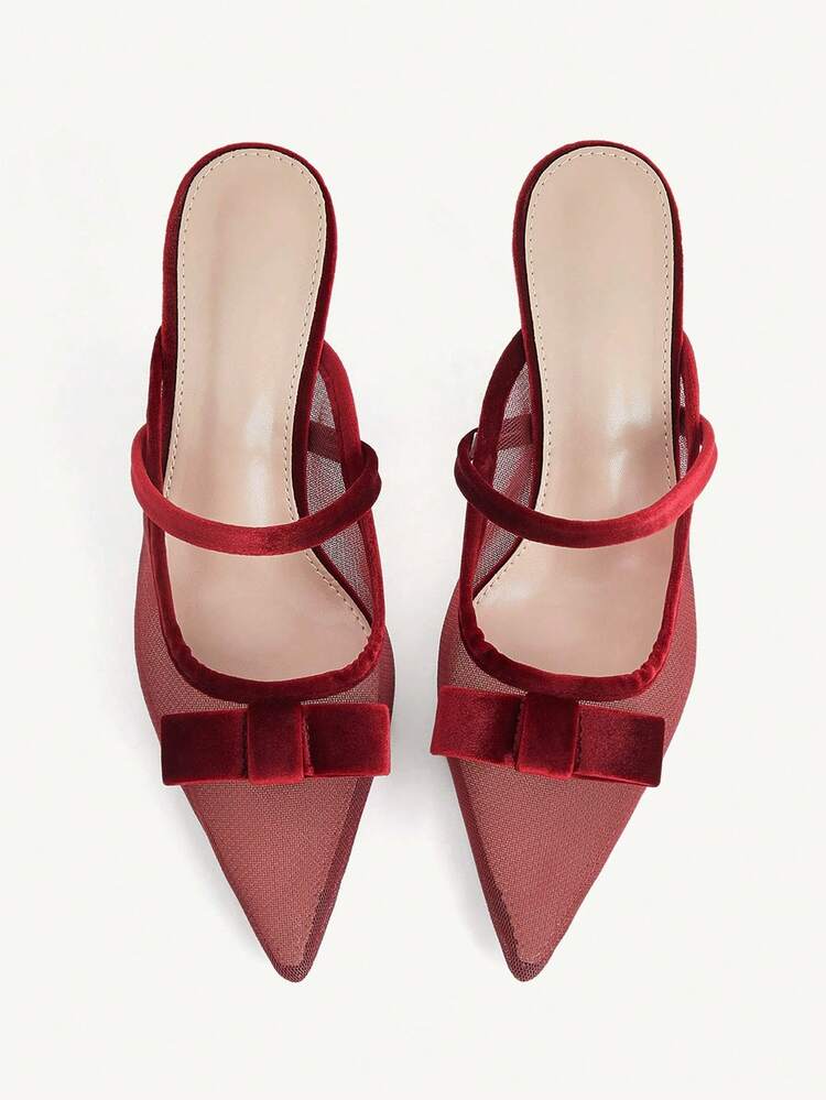 CUCCOO CHICEST Burgundy Velvet Pointed Cat Heel Sandals, Mesh Bow, Commuter Shoes