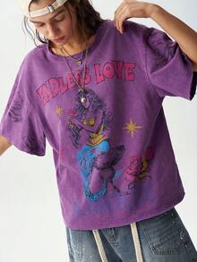 Bohemela Casual Solid Color Knit Round Neck Short Sleeve Loose Fit Women's T-Shirt - Purple - View 4