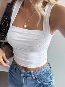 DAZY Women's Solid Colored Pleated Tank Top - White - View 12