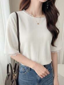 FRIFUL Women's Wavy Frill Trim Striped Loose Colorblock Edge Short Sleeve T-Shirt Summer Top - Beige - View 2